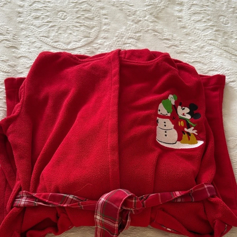 Gently Loved Red Hooded Robe with Embroidered Snowman & Vintage Mickey “Unisex”